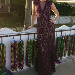 Betsy & Adam Purple Lace Evening Gown